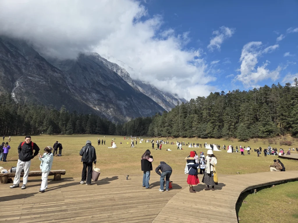 Blick auf eine Wiese mit Berge im Hintergrund. Auf der Wiese sind viele Hochzeitspaare